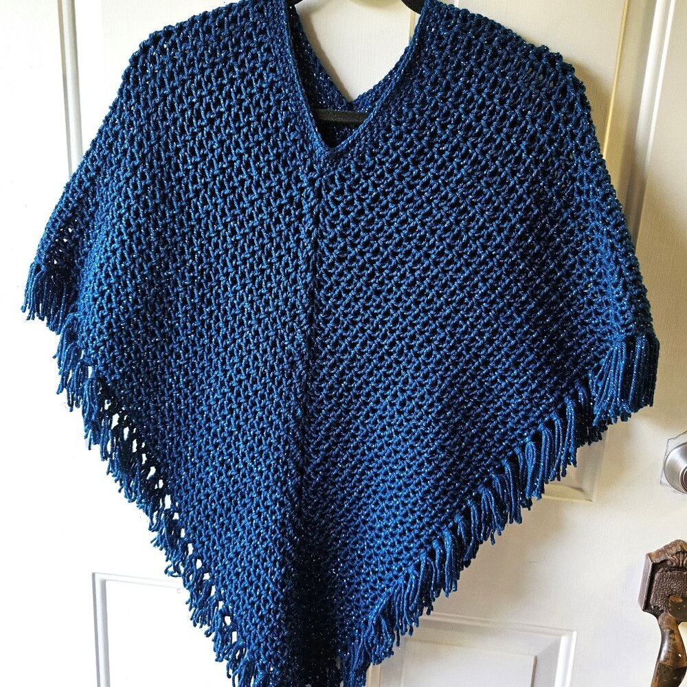 CROCHET FRINGED PONCHO IN TEAL WITH SPARKLES THROUGHOUT